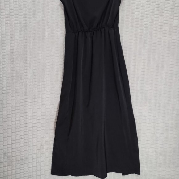 Black Asymmetrical One Shoulder Dress-Bow-Overlay-Mini with a Slit Midi Hem-Sz S - Picture 7 of 14